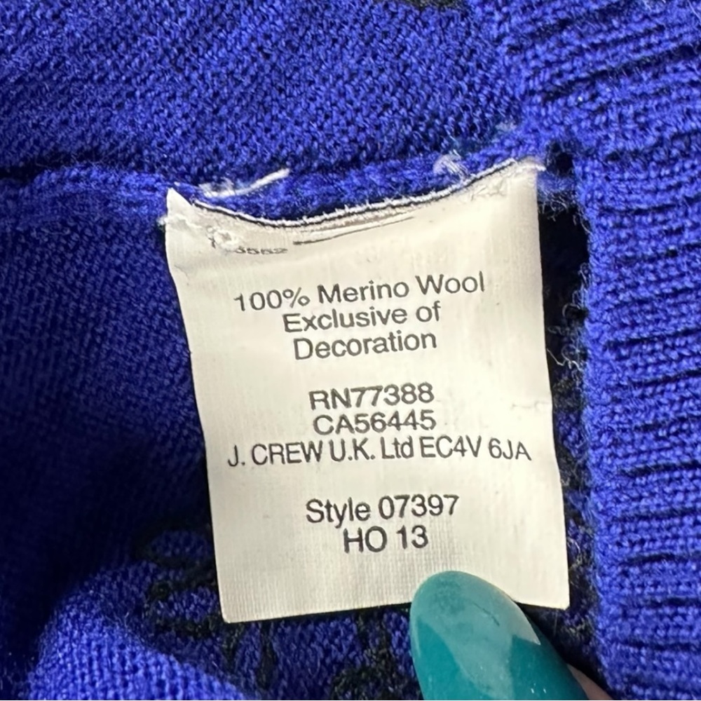 J. Crew 100% Merino Wool Royal Blue Long Sleeve Black Embroidered Sweater XXS - Picture 7 of 8